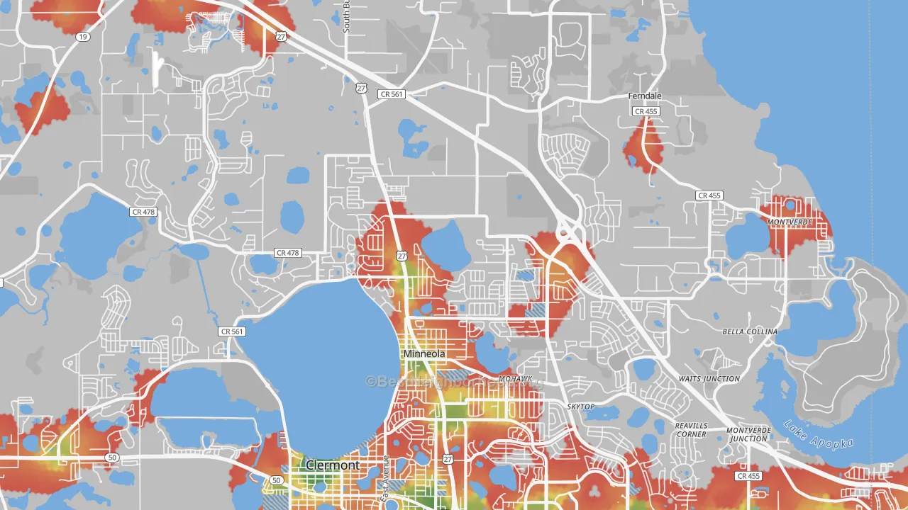 Walk Grade map of 34715, FL, walkable areas in green and car-dependent areas in red