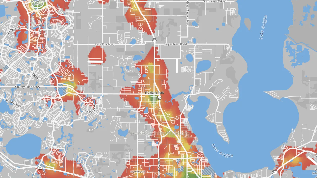 Walk Grade map of 34731, FL, walkable areas in green and car-dependent areas in red