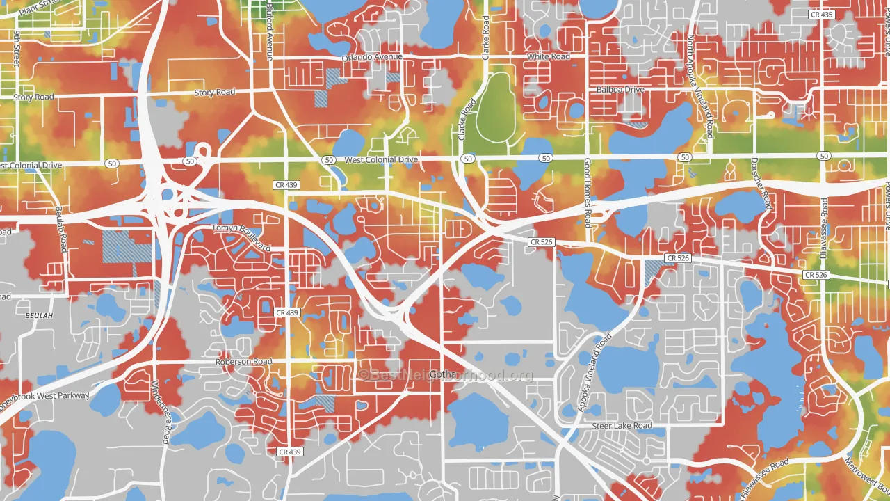 Walk Grade map of 34734, FL, walkable areas in green and car-dependent areas in red