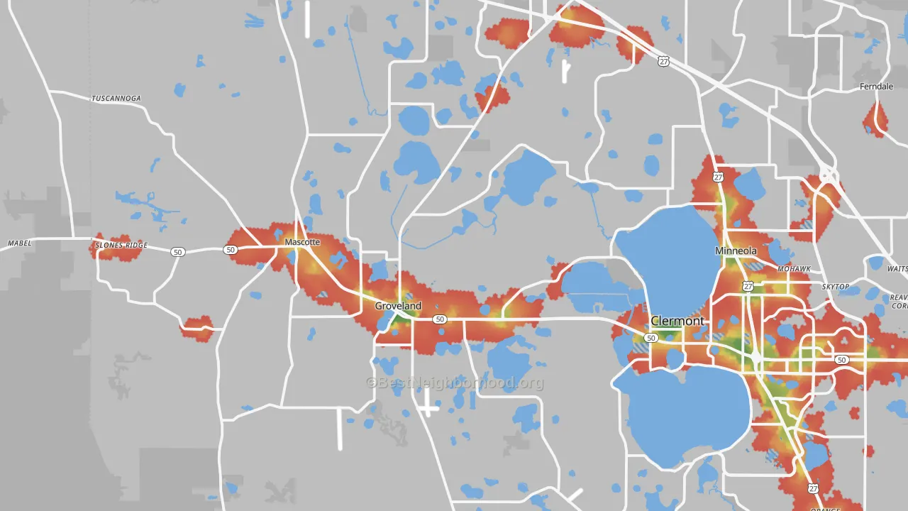 Walk Grade map of 34736, FL, walkable areas in green and car-dependent areas in red
