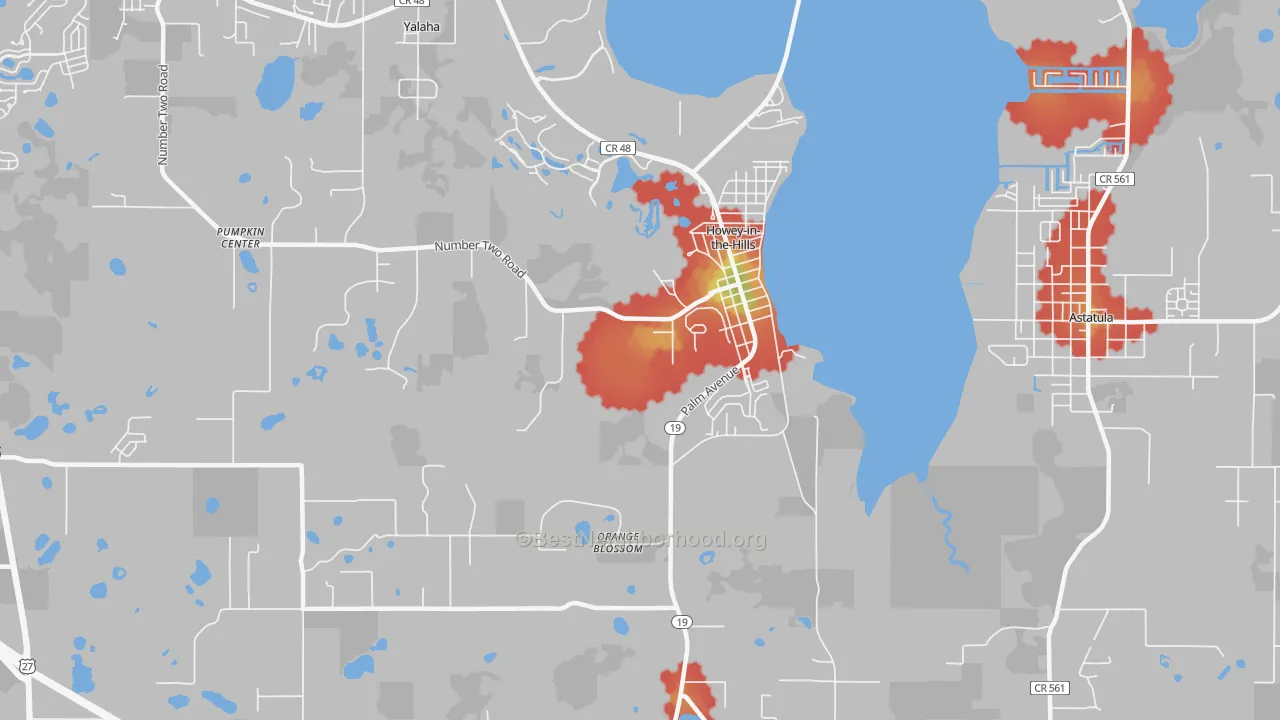 Walk Grade map of 34737, FL, walkable areas in green and car-dependent areas in red