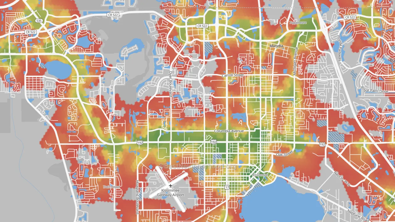 Walk Grade map of 34741, FL, walkable areas in green and car-dependent areas in red