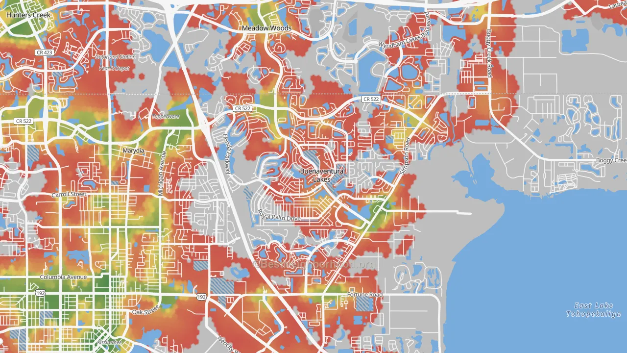 Walk Grade map of 34743, FL, walkable areas in green and car-dependent areas in red