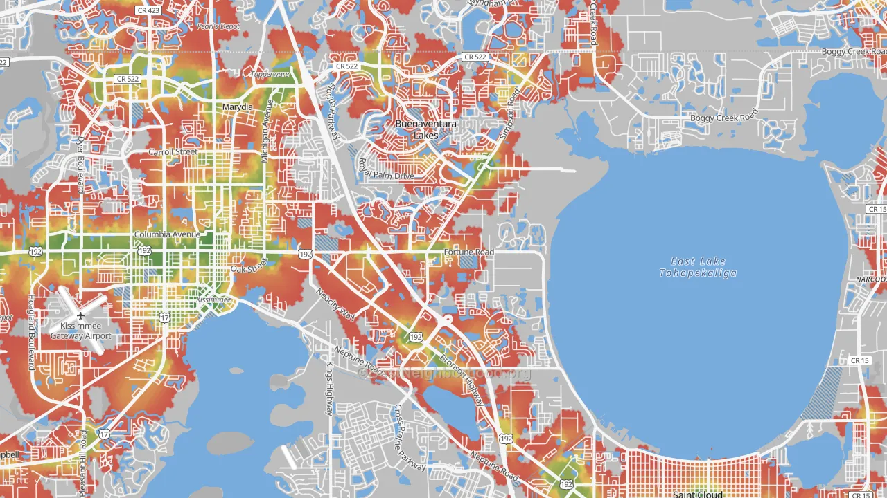 Walk Grade map of 34744, FL, walkable areas in green and car-dependent areas in red