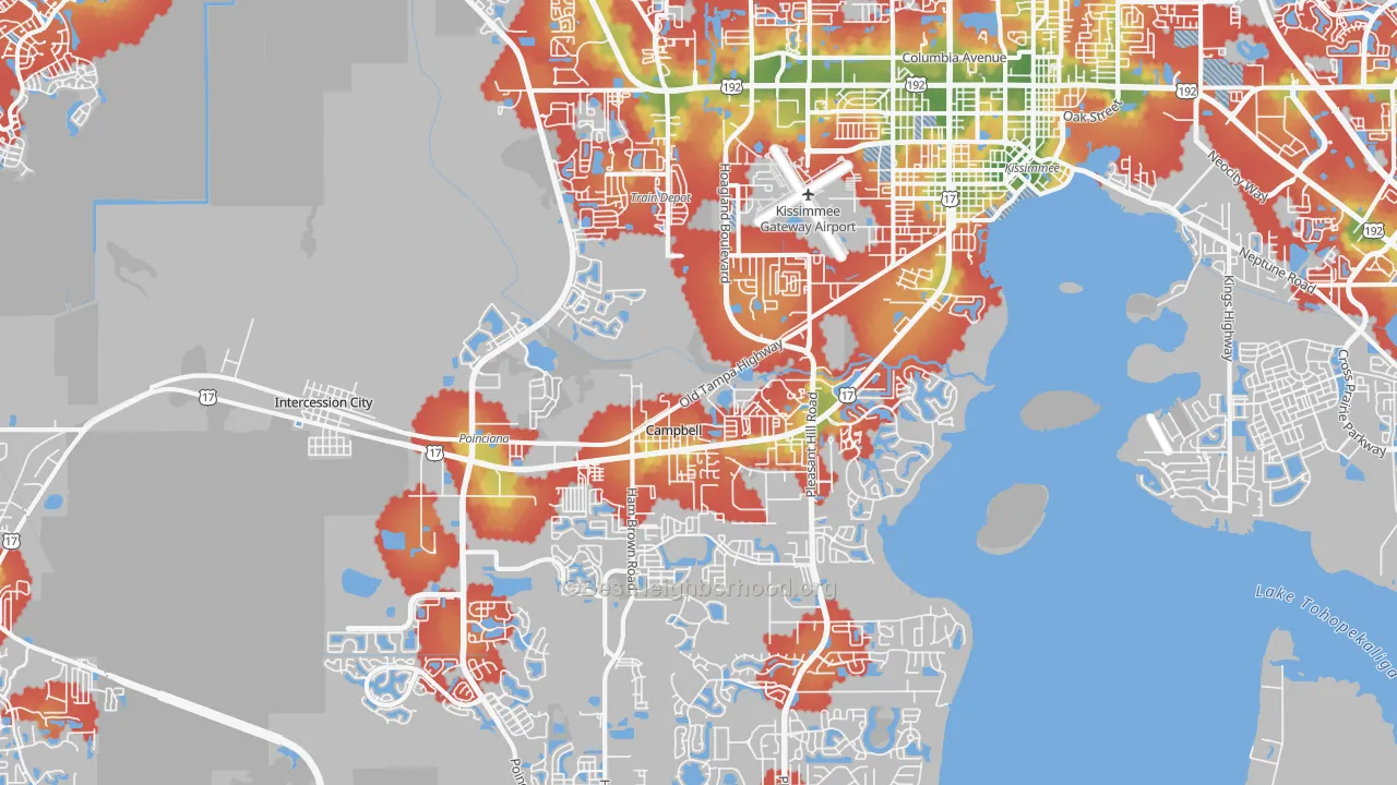 Walk Grade map of 34746, FL, walkable areas in green and car-dependent areas in red