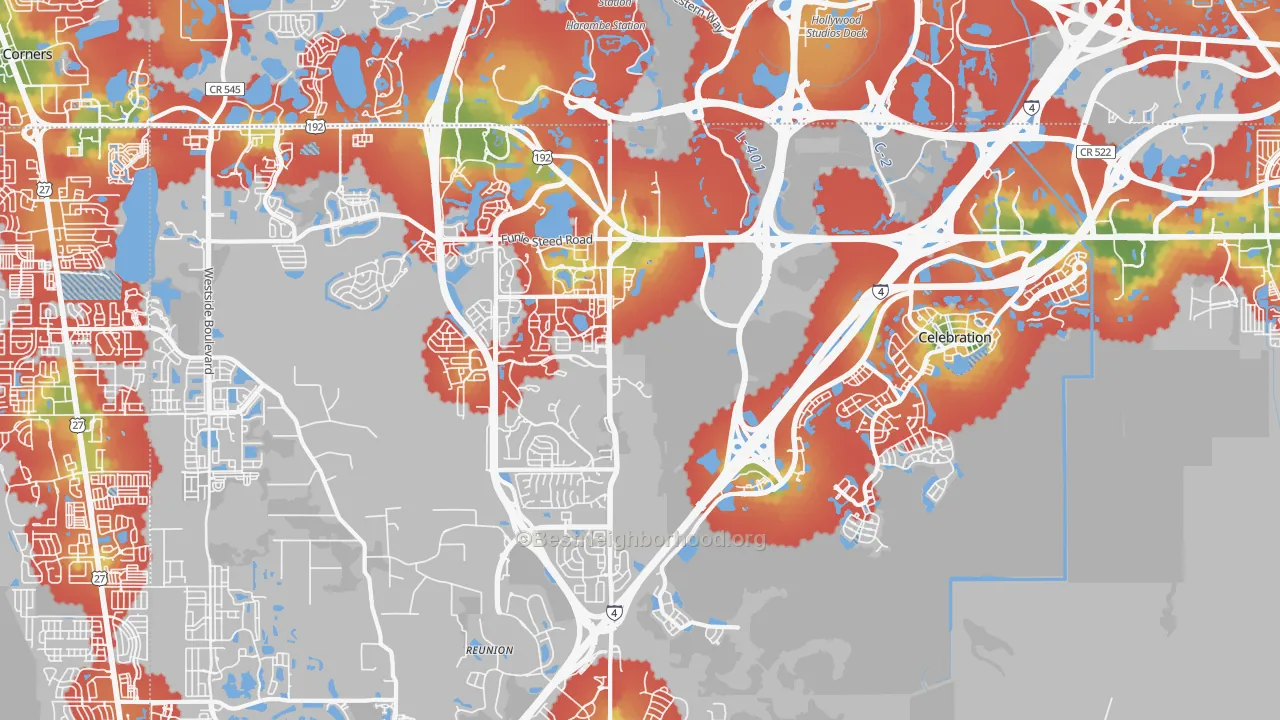 Walk Grade map of 34747, FL, walkable areas in green and car-dependent areas in red