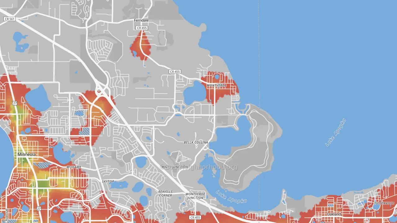 Walk Grade map of 34756, FL, walkable areas in green and car-dependent areas in red