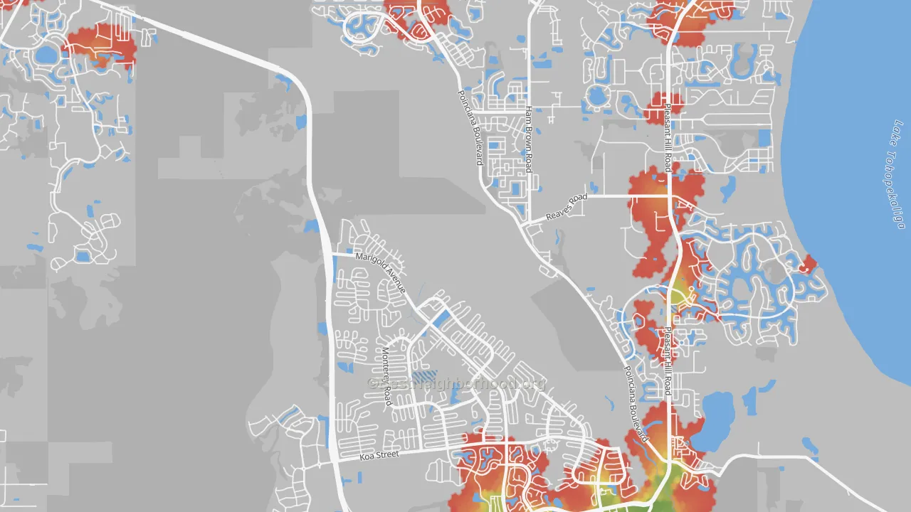 Walk Grade map of 34758, FL, walkable areas in green and car-dependent areas in red