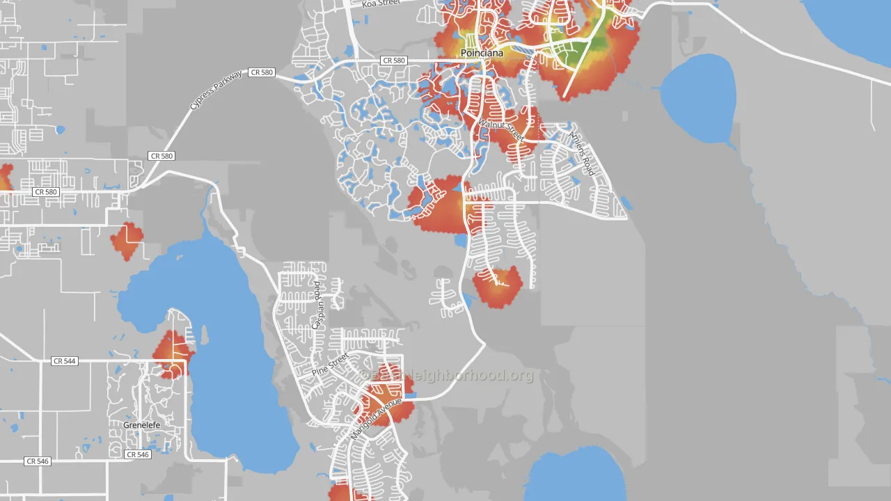 Walk Grade map of 34759, FL, walkable areas in green and car-dependent areas in red