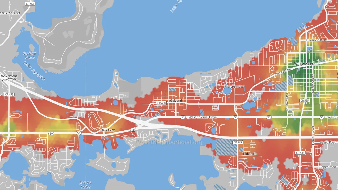 Walk Grade map of 34760, FL, walkable areas in green and car-dependent areas in red