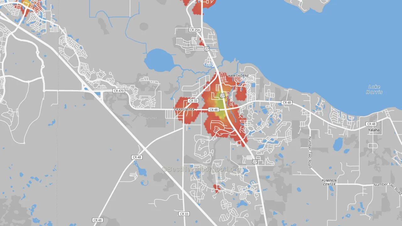 Walk Grade map of 34762, FL, walkable areas in green and car-dependent areas in red