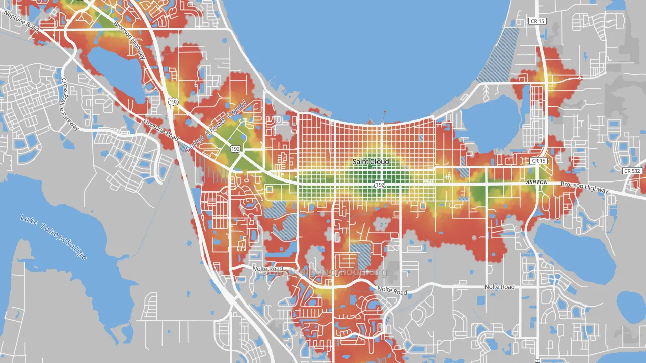 Walk Grade map of 34769, FL, walkable areas in green and car-dependent areas in red