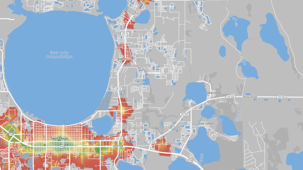 Walk Grade map of 34771, FL, walkable areas in green and car-dependent areas in red