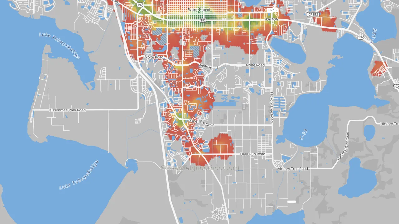 Walk Grade map of 34772, FL, walkable areas in green and car-dependent areas in red