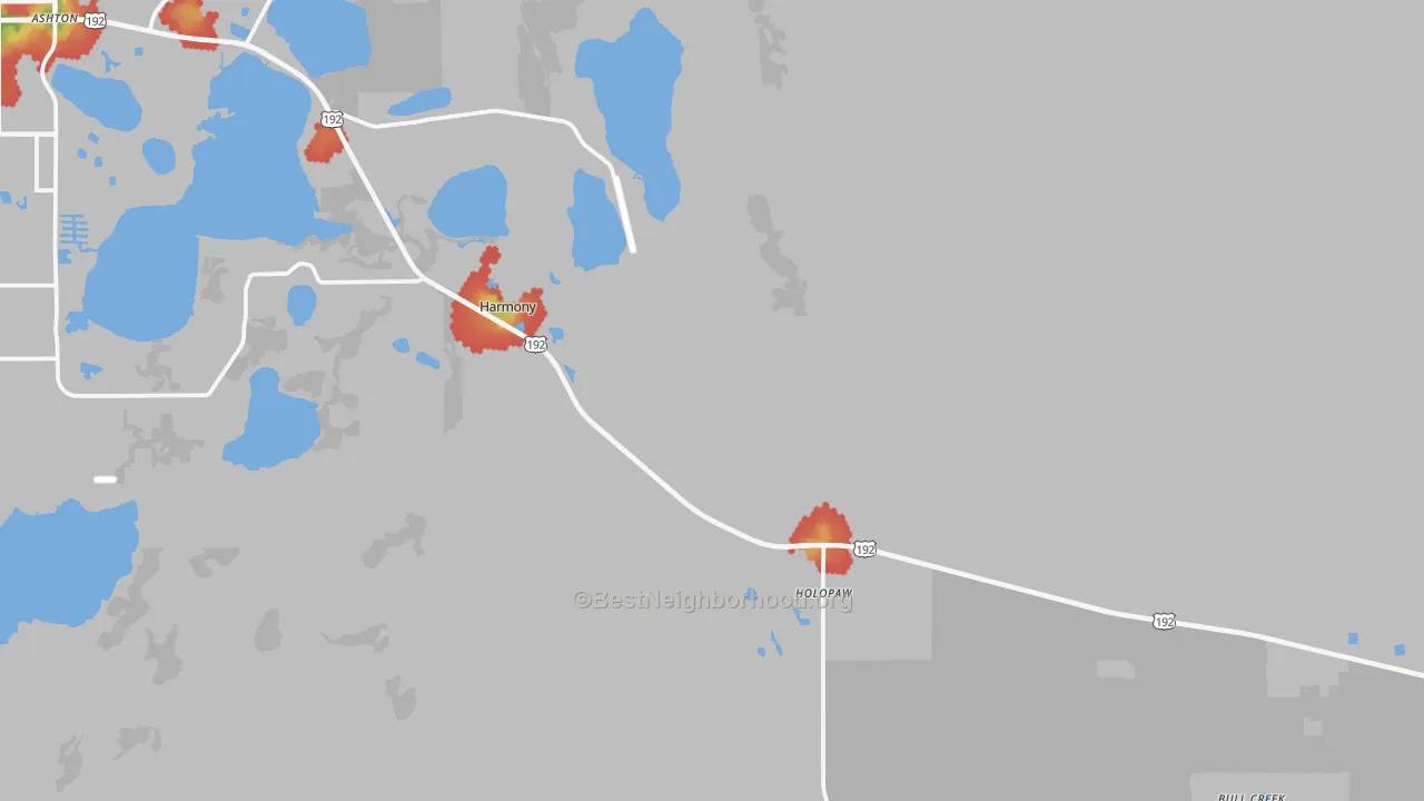 Walk Grade map of 34773, FL, walkable areas in green and car-dependent areas in red