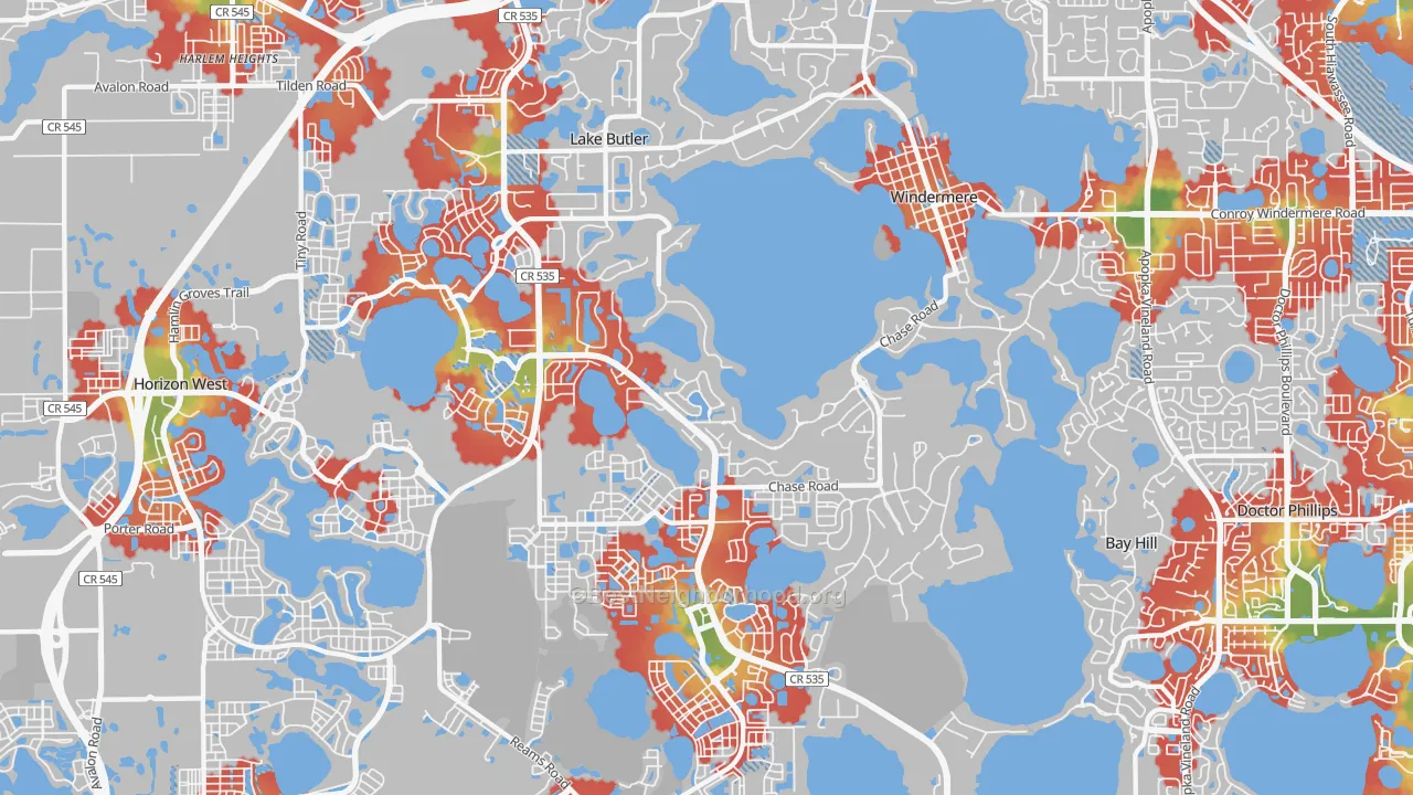 Walk Grade map of 34786, FL, walkable areas in green and car-dependent areas in red