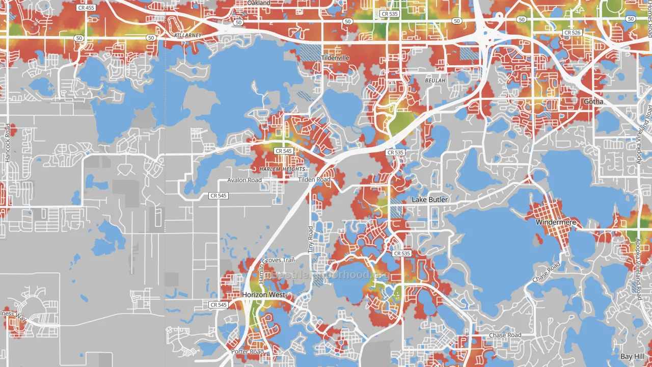 Walk Grade map of 34787, FL, walkable areas in green and car-dependent areas in red