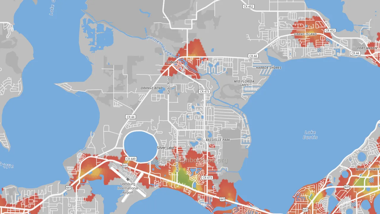 Walk Grade map of 34788, FL, walkable areas in green and car-dependent areas in red
