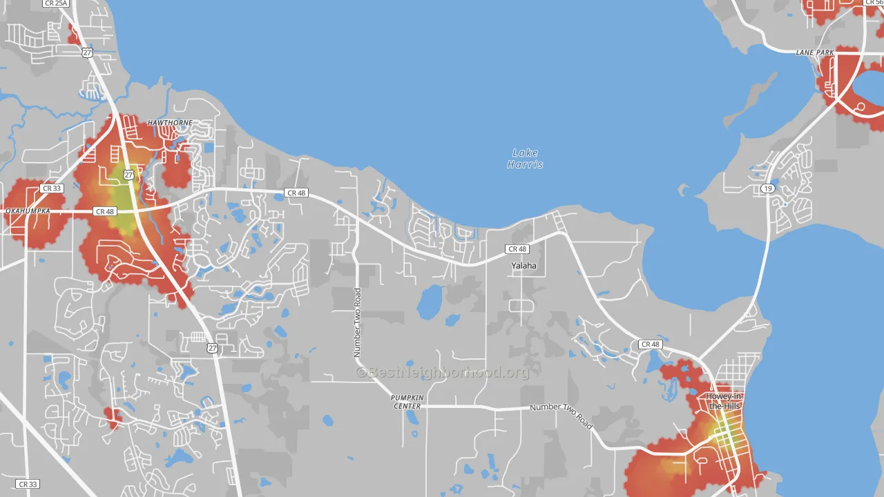 Walk Grade map of 34797, FL, walkable areas in green and car-dependent areas in red