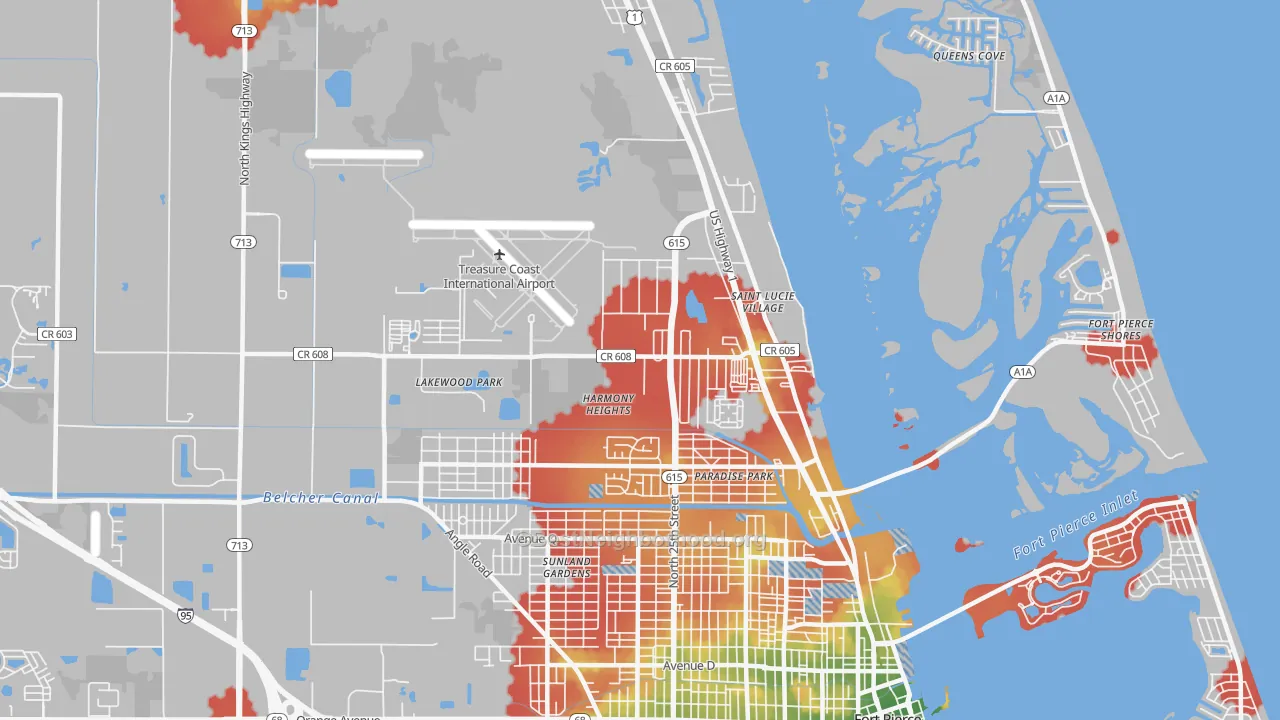Walk Grade map of 34946, FL, walkable areas in green and car-dependent areas in red