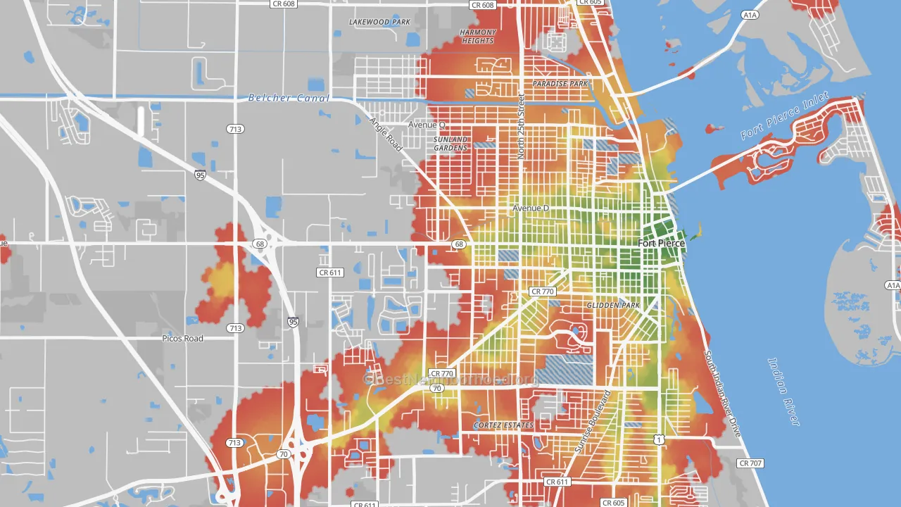 Walk Grade map of 34947, FL, walkable areas in green and car-dependent areas in red
