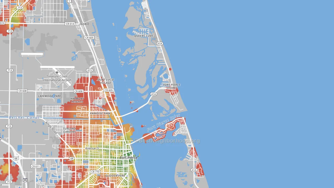 Walk Grade map of 34949, FL, walkable areas in green and car-dependent areas in red