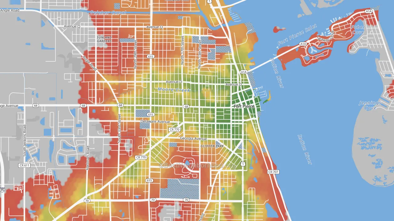 Walk Grade map of 34950, FL, walkable areas in green and car-dependent areas in red