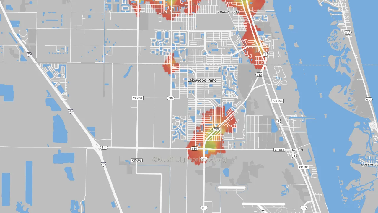Walk Grade map of 34951, FL, walkable areas in green and car-dependent areas in red