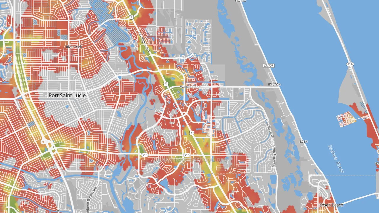 Walk Grade map of 34952, FL, walkable areas in green and car-dependent areas in red