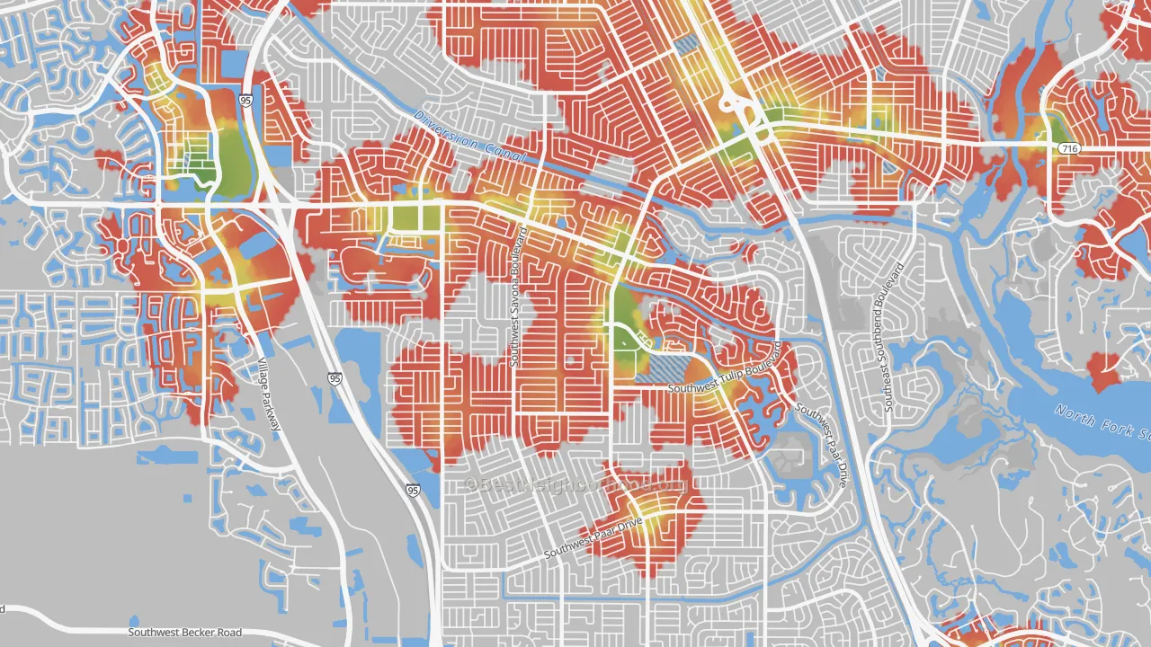 Walk Grade map of 34953, FL, walkable areas in green and car-dependent areas in red