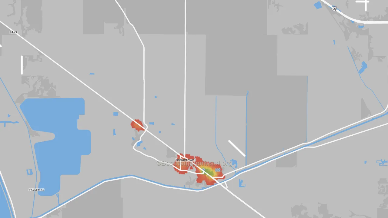Walk Grade map of 34956, FL, walkable areas in green and car-dependent areas in red