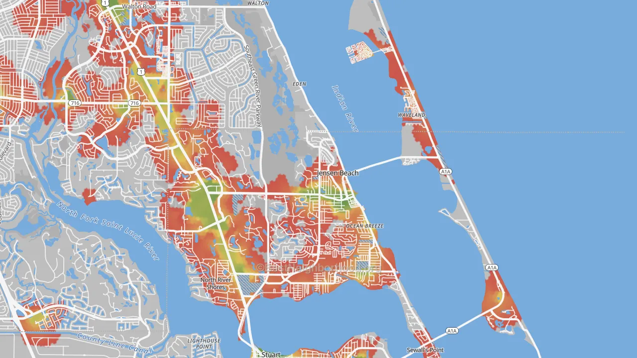 Walk Grade map of 34957, FL, walkable areas in green and car-dependent areas in red