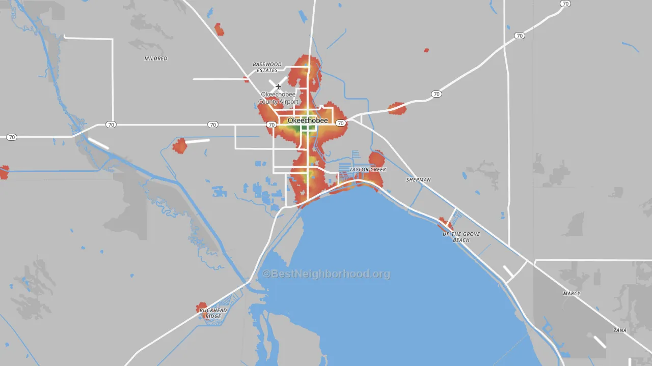 Walk Grade map of 34974, FL, walkable areas in green and car-dependent areas in red