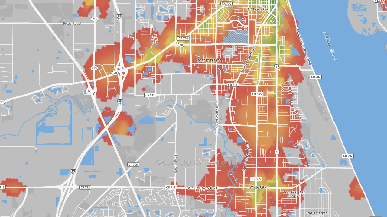 Walk Grade map of 34981, FL, walkable areas in green and car-dependent areas in red