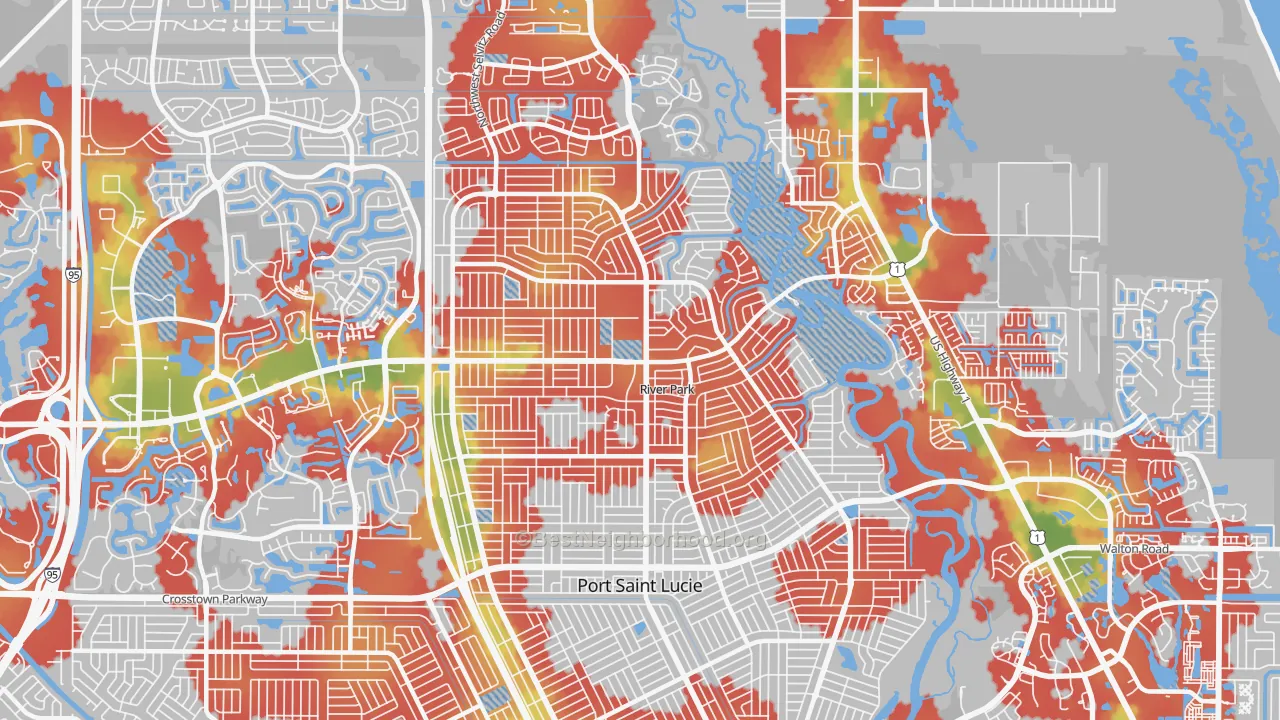 Walk Grade map of 34983, FL, walkable areas in green and car-dependent areas in red