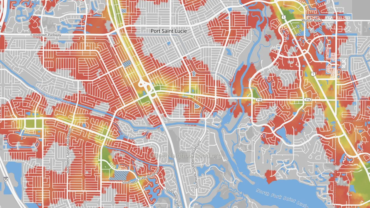 Walk Grade map of 34984, FL, walkable areas in green and car-dependent areas in red