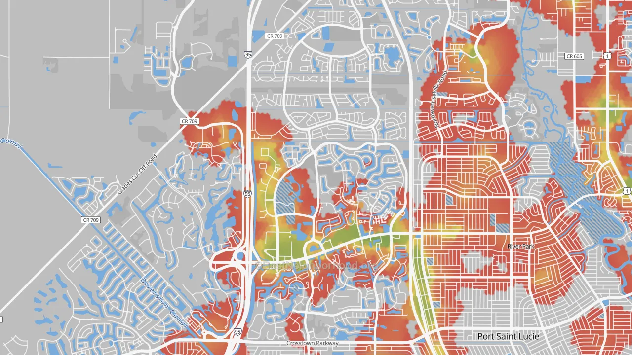 Walk Grade map of 34986, FL, walkable areas in green and car-dependent areas in red