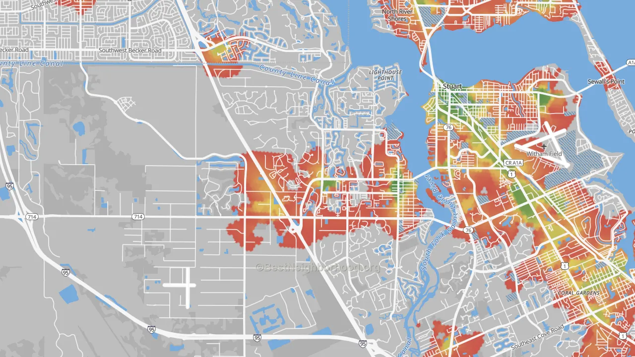 Walk Grade map of 34990, FL, walkable areas in green and car-dependent areas in red