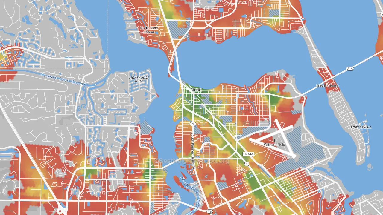 Walk Grade map of 34994, FL, walkable areas in green and car-dependent areas in red