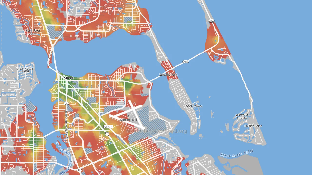 Walk Grade map of 34996, FL, walkable areas in green and car-dependent areas in red