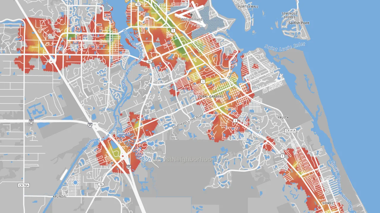 Walk Grade map of 34997, FL, walkable areas in green and car-dependent areas in red