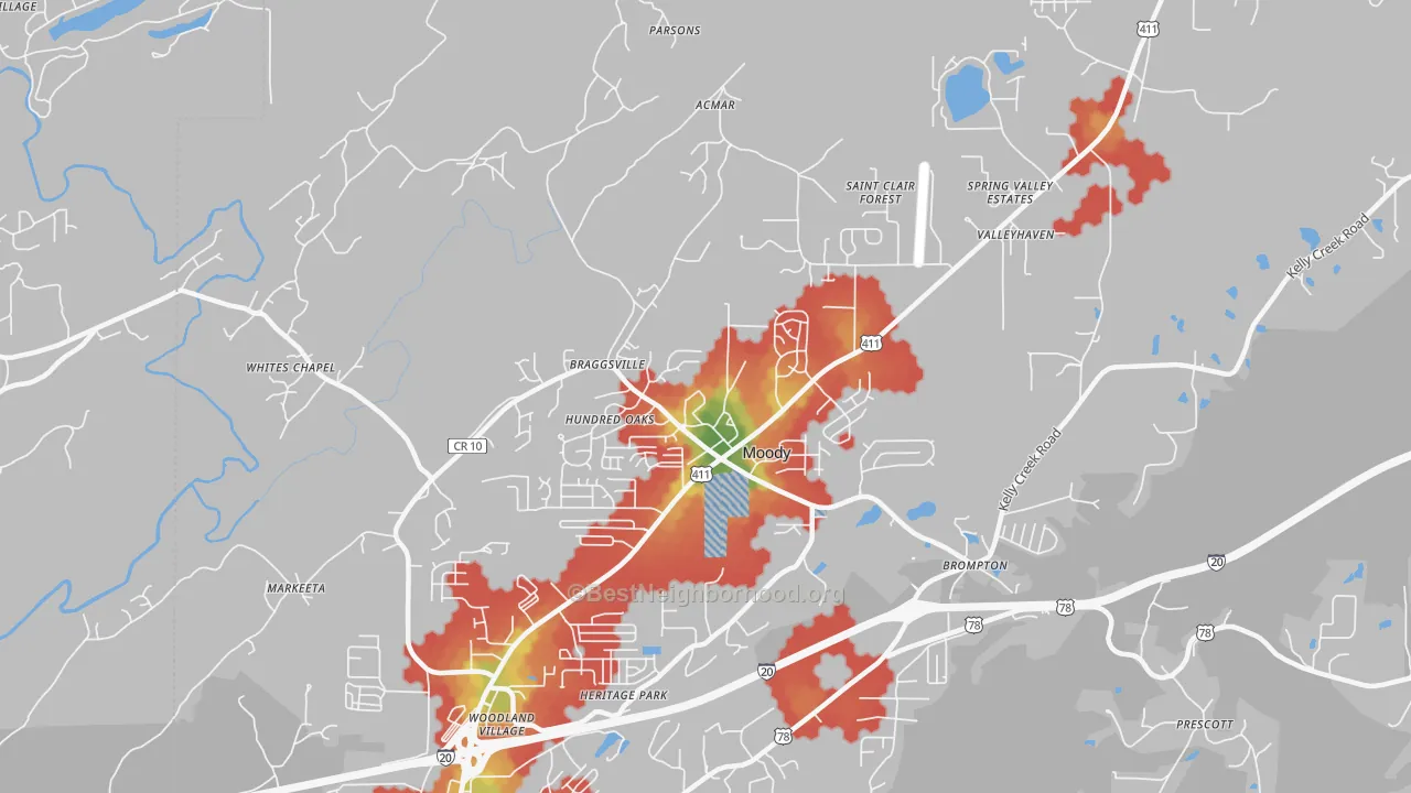 Walk Grade map of 35004, AL, walkable areas in green and car-dependent areas in red