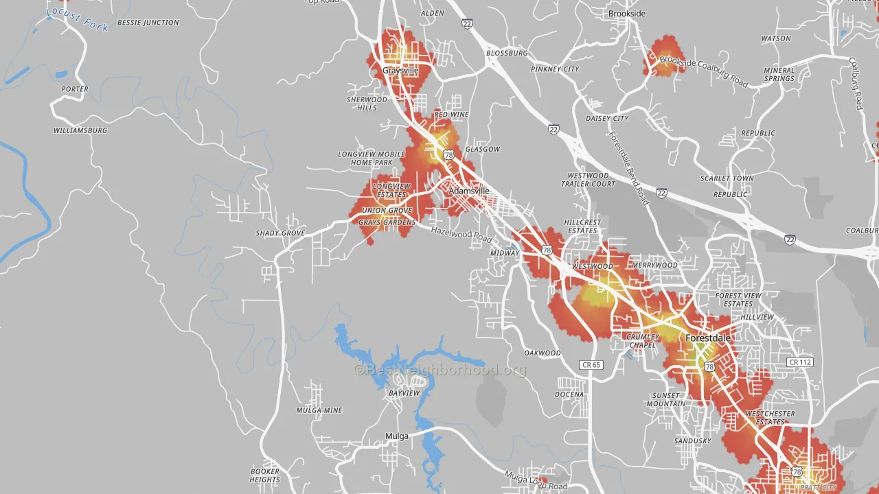 Walk Grade map of 35005, AL, walkable areas in green and car-dependent areas in red