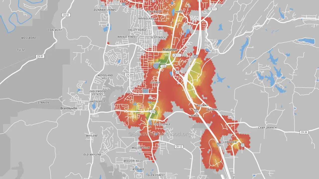 Walk Grade map of 35007, AL, walkable areas in green and car-dependent areas in red