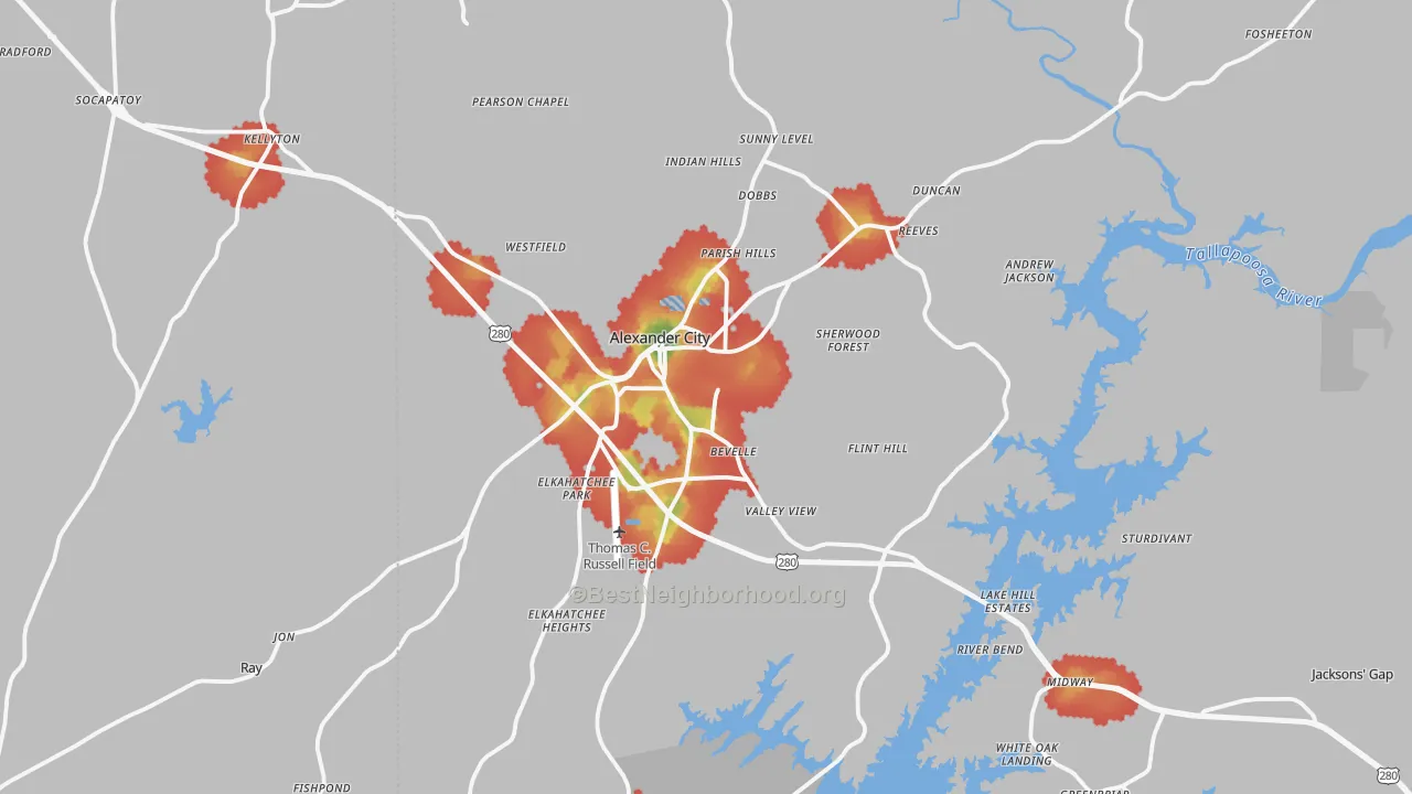 Walk Grade map of 35010, AL, walkable areas in green and car-dependent areas in red