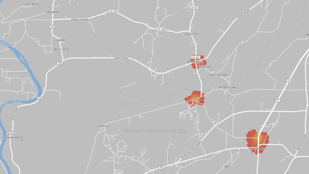 Walk Grade map of 35014, AL, walkable areas in green and car-dependent areas in red