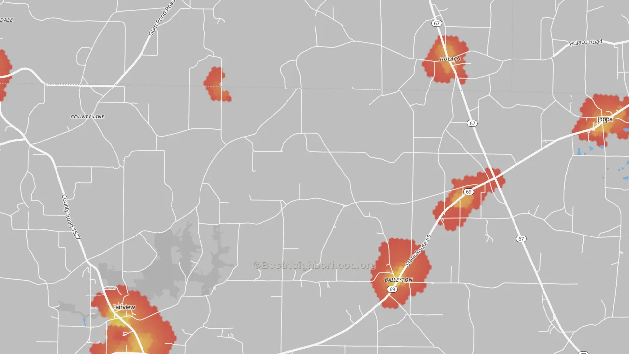 Walk Grade map of 35019, AL, walkable areas in green and car-dependent areas in red