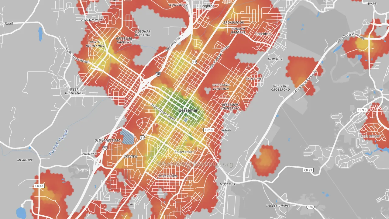 Walk Grade map of 35020, AL, walkable areas in green and car-dependent areas in red