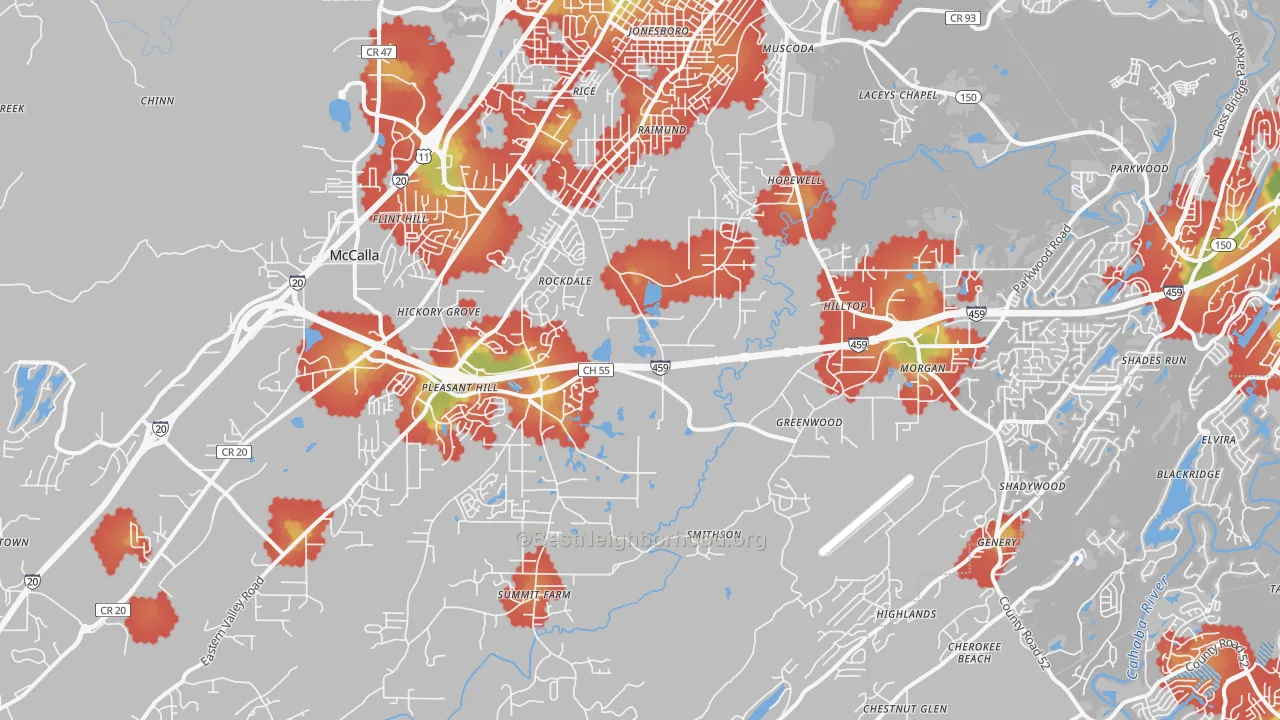 Walk Grade map of 35022, AL, walkable areas in green and car-dependent areas in red