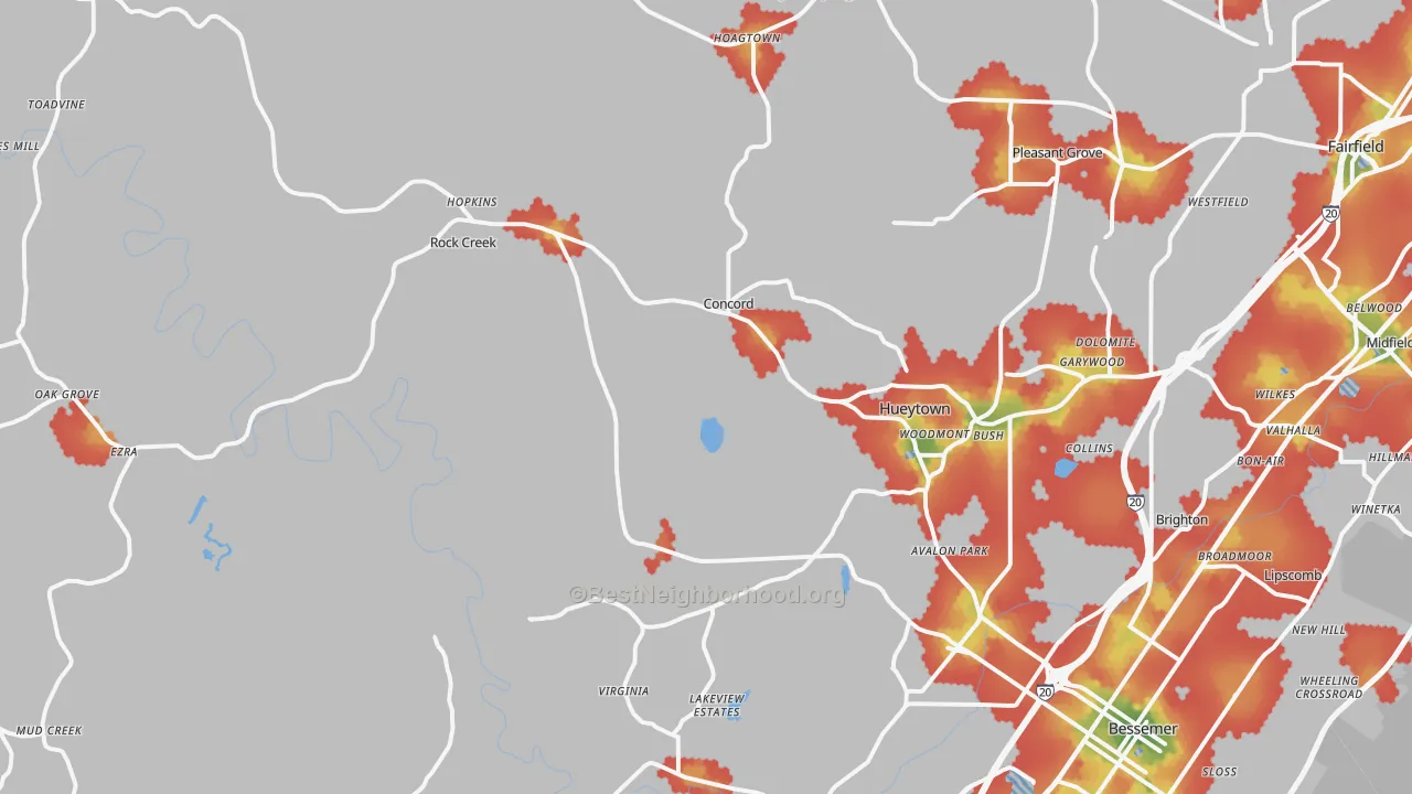 Walk Grade map of 35023, AL, walkable areas in green and car-dependent areas in red